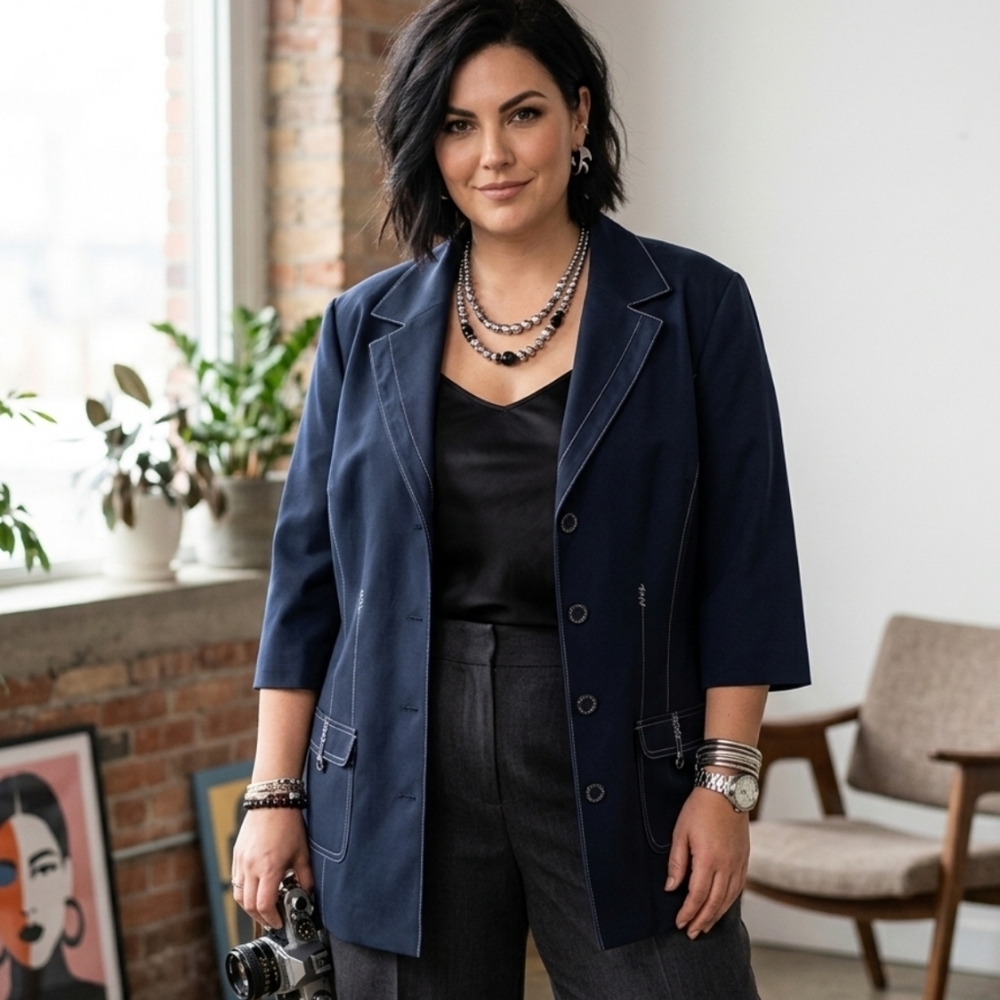 Rare Claire France Navy Blazer With Unique Contrast Stitching Details, Size 16
